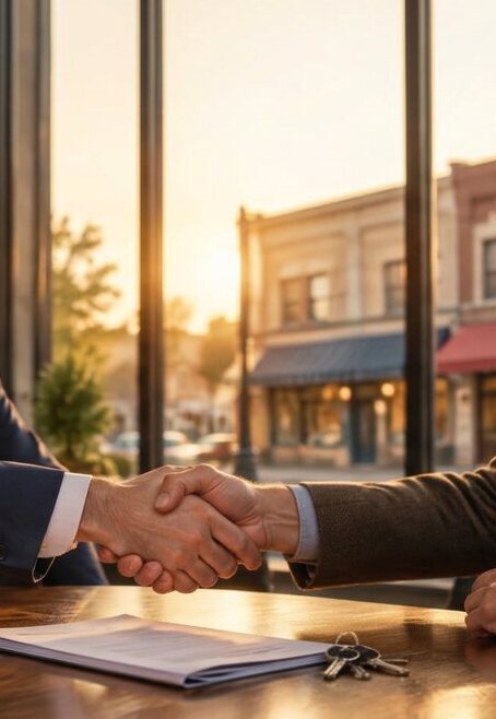 Broker shaking hands with a business owner over a signed sale agreement and storefront keys