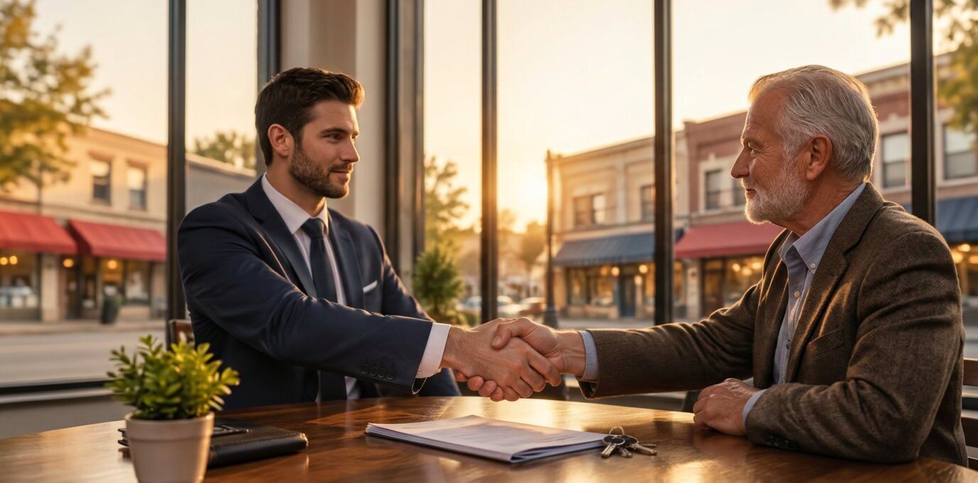 Broker shaking hands with a business owner over a signed sale agreement and storefront keys